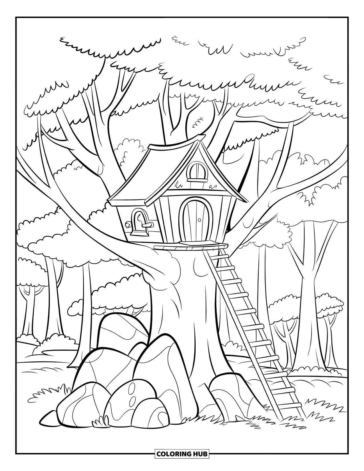 Tree Coloring Page for Kids: A treehouse with a ladder, rocks beneath, in a forest with varied tree shapes
