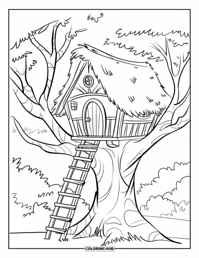 Dibujo de árboles para colorear para niños: Una casa del árbol con escalera, puerta de madera y ventana, en un bosque