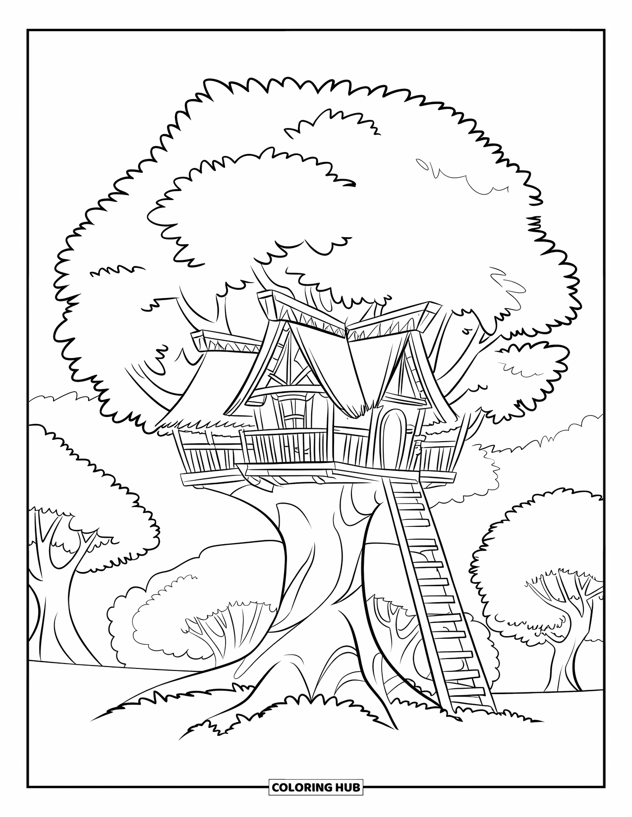 Tree Coloring Page for Kids: A treehouse with a thatched roof and ladder, nestled in a tree