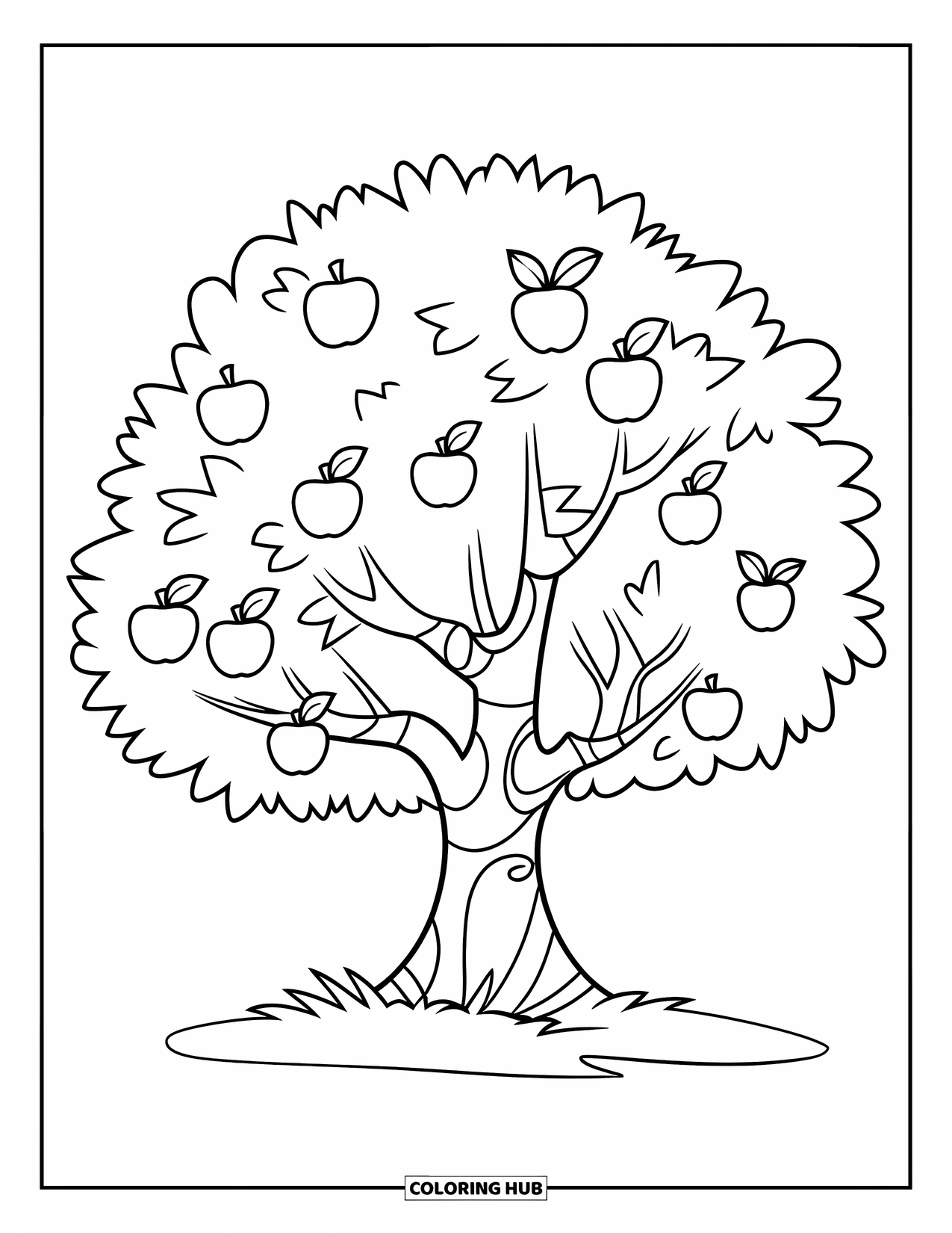 Tree Coloring Page for Kids: An apple tree with apples, on green grass, with large, easy-to-color sections