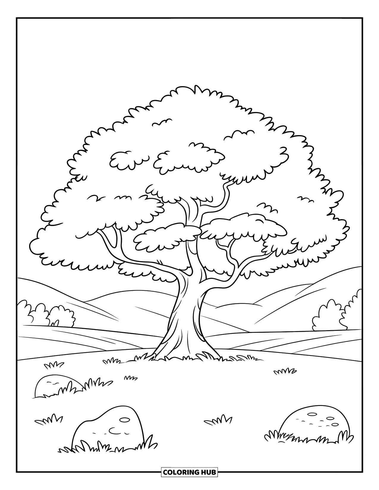 Tree Coloring Page for Kids: An oak tree with a wide trunk and rounded canopy, in a green field with boulders