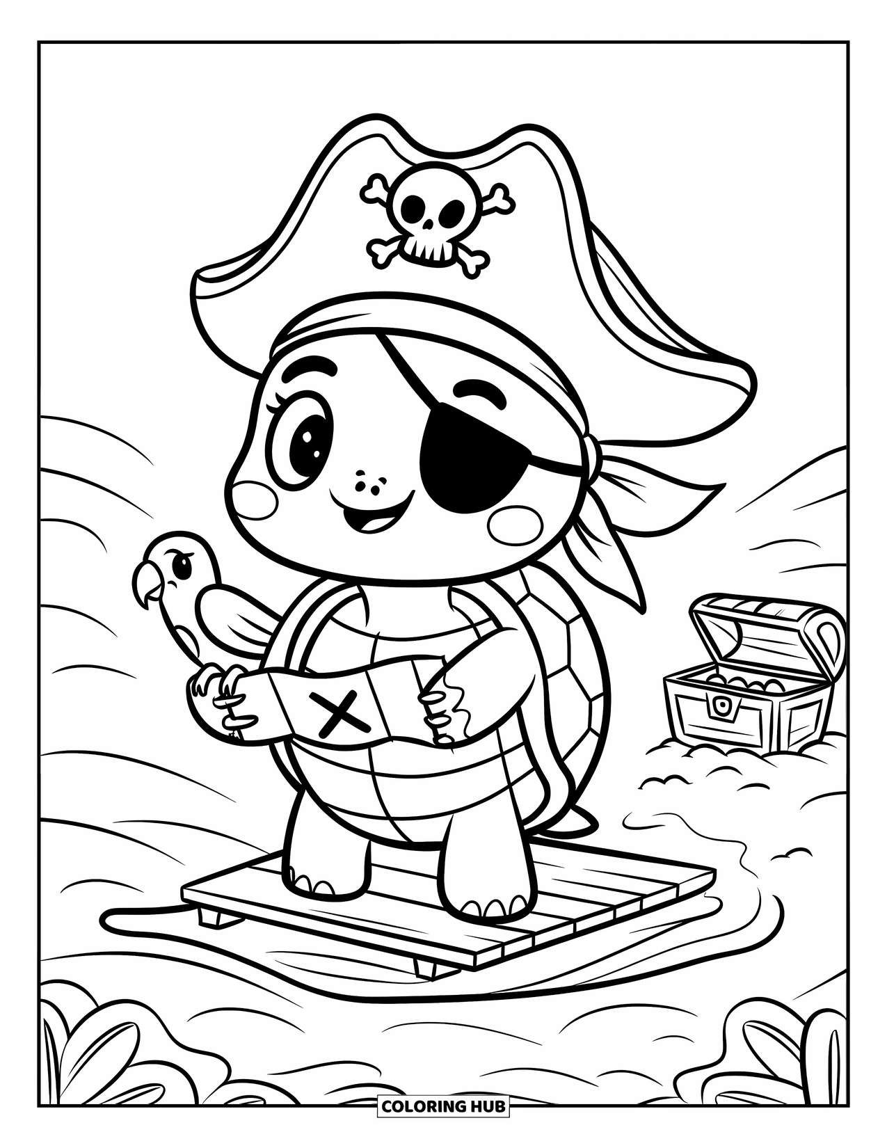 Turtle Coloring Page for Adults: A brave pirate turtle, with an eye patch and a map, sails across the open sea