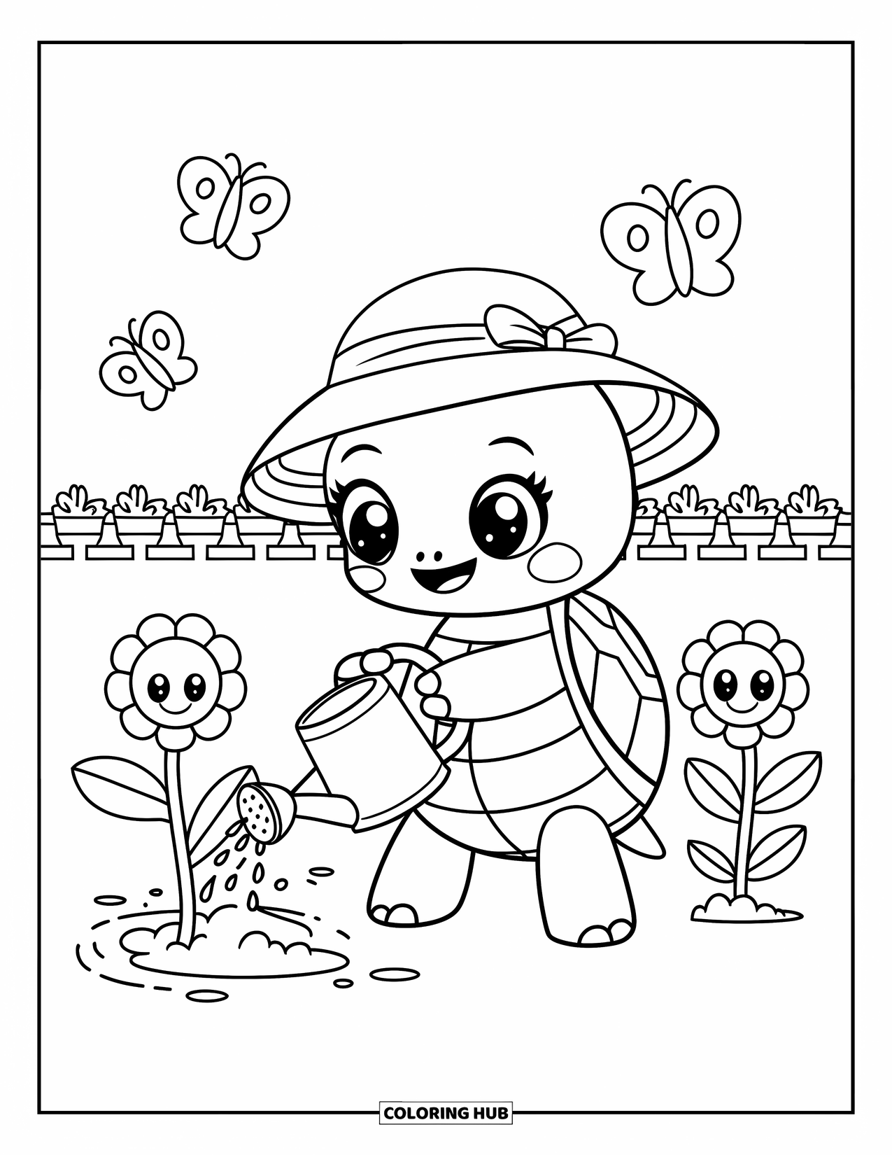 Turtle Coloring Page for Adults: A caring turtle waters a patch of happy flowers while butterflies dance around
