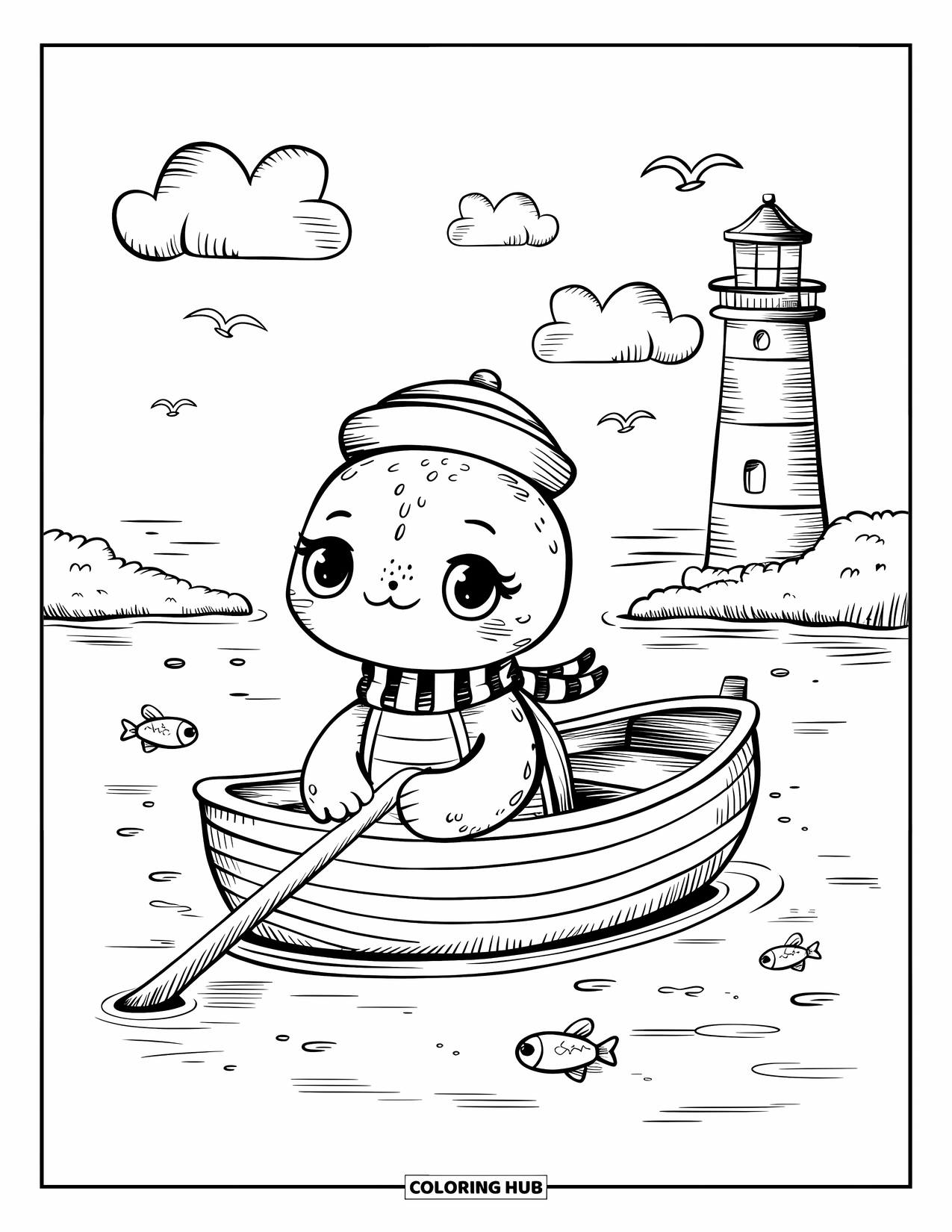 Turtle Coloring Page for Adults: A cheerful turtle in a striped scarf enjoys a boat ride near a distant lighthouse