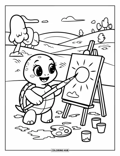 Desenho de tartarugas para colorir para adultos: Uma tartaruga alegre pinta um sol e nuvens em um cavalete, cercada por potinhos de tinta