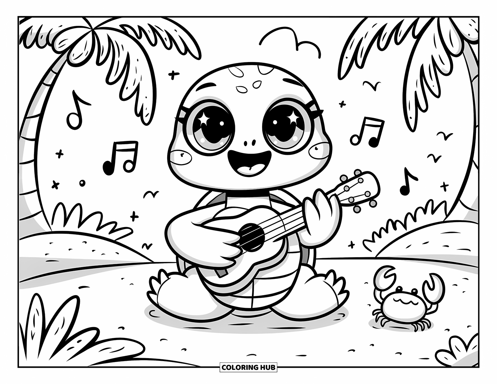 Turtle Coloring Page for Adults: A cheerful turtle strums a ukulele on a beach, with palm trees swaying nearby