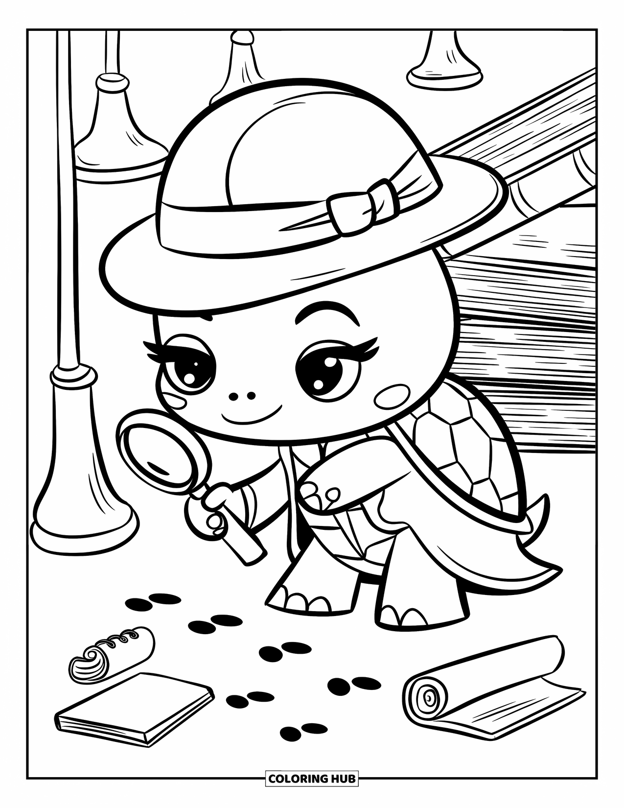 Turtle Coloring Page for Adults: A clever turtle in a detective hat studies footprints leading to a hidden clue