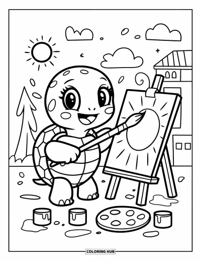 Desenho de tartarugas para colorir para adultos: Uma tartaruga criativa pinta um desenho alegre em um cenário externo tranquilo