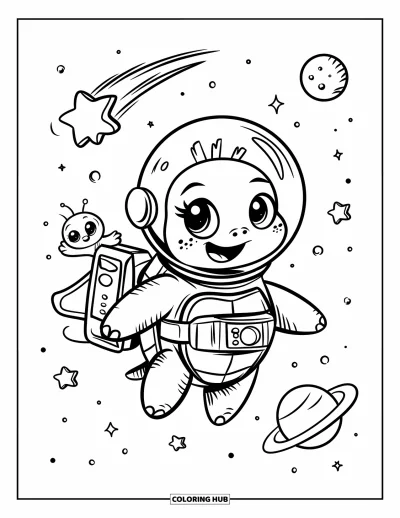 Desenho de tartarugas para colorir para adultos: Uma tartaruga curiosa explora o vasto universo, flutuando entre luas e estrelas cintilantes