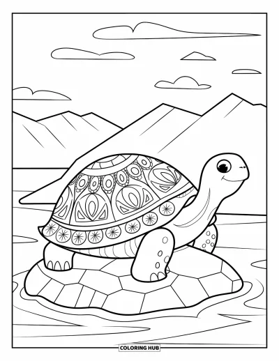 Desenho de tartarugas para colorir para adultos: Uma tartaruga detalhada com casco artístico está sentada em uma pedra, observando o céu