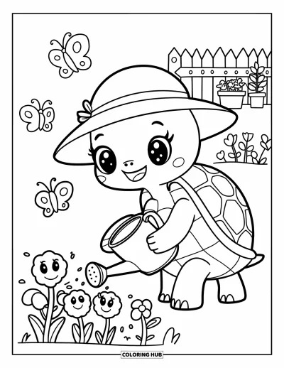 Desenho de tartarugas para colorir para adultos: Uma tartaruga jardineira aproveita um momento de paz cuidando do jardim florido