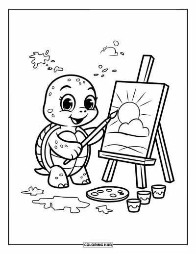 Desenho de tartarugas para colorir para adultos: Uma tartaruga feliz pinta um céu ensolarado, com respingos de cor por toda parte