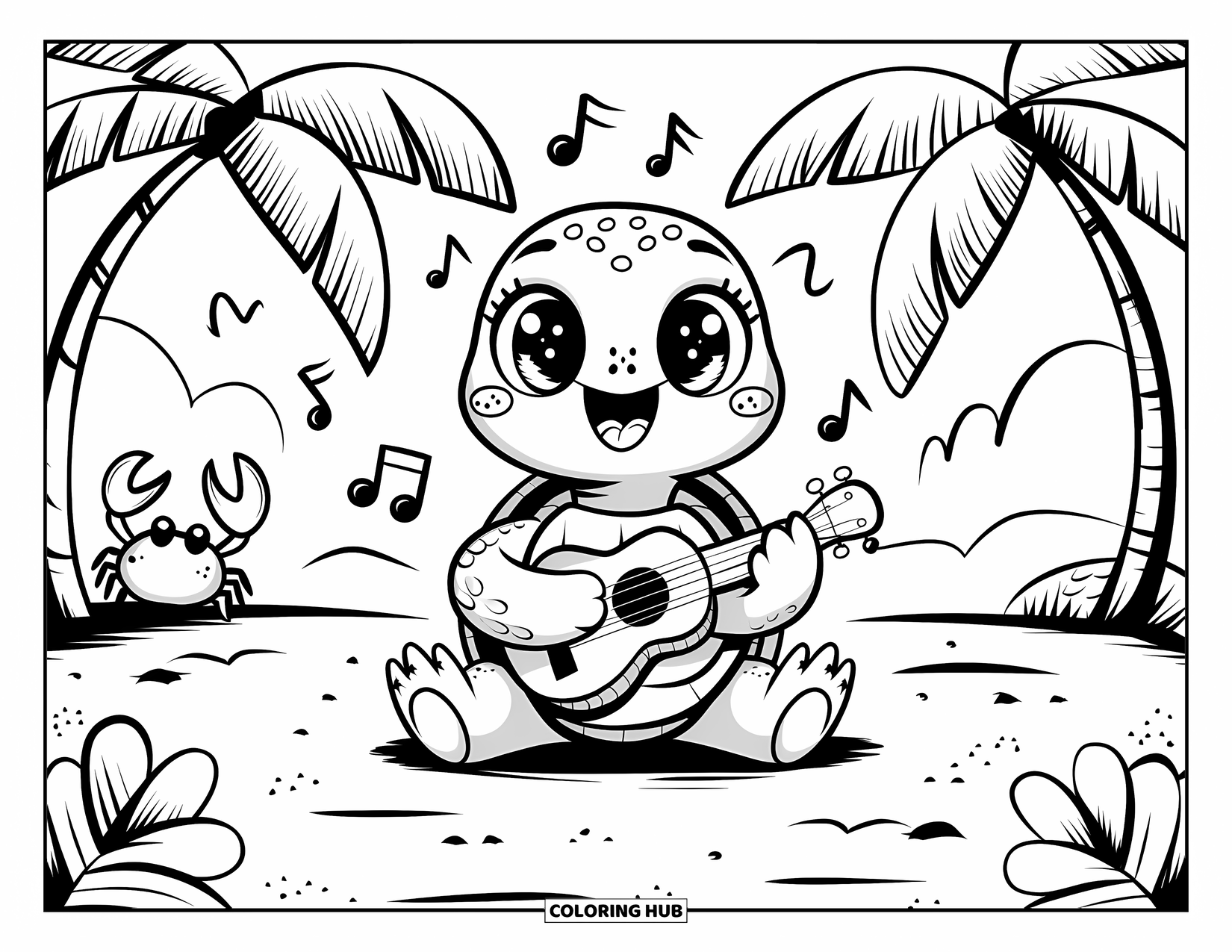 Turtle Coloring Page for Adults: A happy turtle plays a ukulele on the sand while a crab claps along