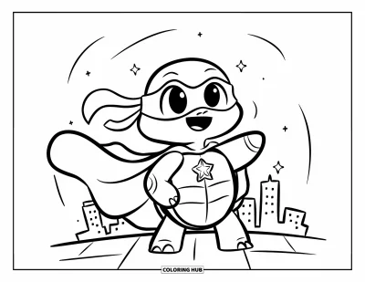 Desenho de tartarugas para colorir para adultos: Uma tartaruga heroica com capa esvoaçante e máscara vigia a cidade de um telhado
