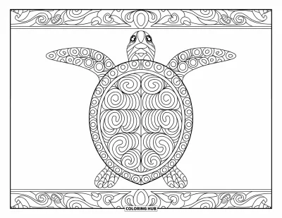 Desenho de tartarugas para colorir para adultos: Uma tartaruga muito detalhada com padrões intrincados descansa em uma moldura floral decorativa