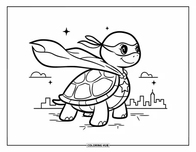 Desenho de tartarugas para colorir para adultos: Uma tartaruga super-heroína kawaii está em um telhado enquanto uma brisa suave passa