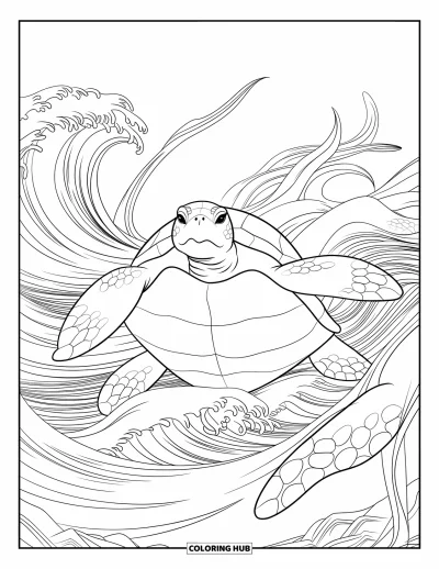 Desenho de tartarugas para colorir para adultos: Uma tartaruga grande se move por águas rodopiantes enquanto algas marinhas flutuam ao redor