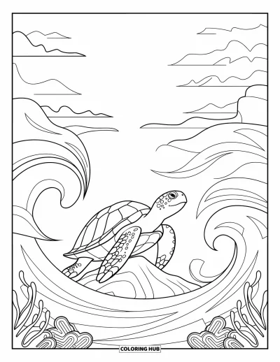 Desenho de tartarugas para colorir para adultos: Uma tartaruga majestosa é cercada por ondas elegantes em espiral e algas marinhas esvoaçantes