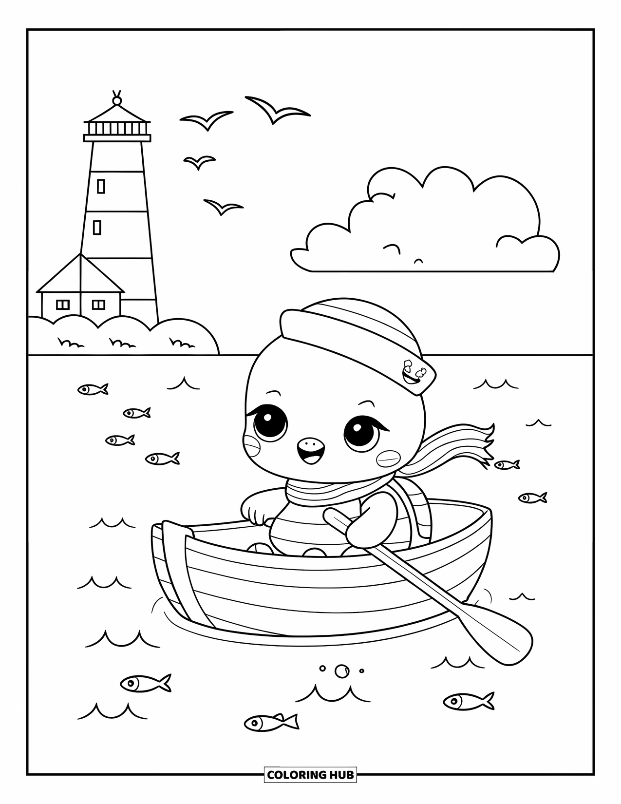 Turtle Coloring Page for Adults: A sailor turtle rows a tiny boat as seagulls fly above and fish swim below