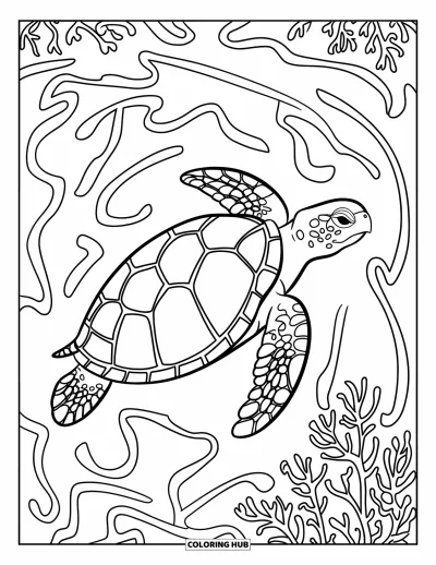 Desenho de tartarugas para colorir para adultos: Uma tartaruga marinha se move por um labirinto de vinhas marinhas detalhadas e recifes de coral