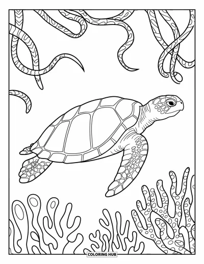 Desenho de tartarugas para colorir para adultos: Uma tartaruga marinha com contorno marcante se move por um labirinto de vinhas marinhas e corais