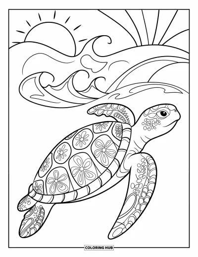 Desenho de tartarugas para colorir para adultos: Uma tartaruga marinha com casco floral em padrão paisley nada pelas ondas suaves do oceano