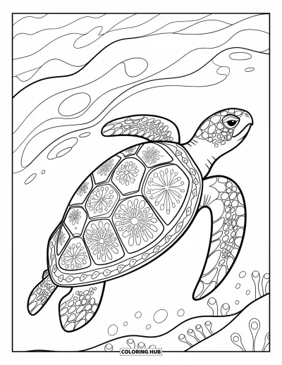 Desenho de tartarugas para colorir para adultos: Uma tartaruga marinha com delicados padrões florais desliza por um mundo subaquático sereno