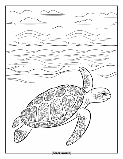 Desenho de tartarugas para colorir para adultos: Uma tartaruga marinha com padrões detalhados flutua no oceano, cercada por ondas e céu