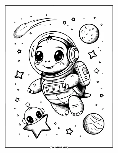 Desenho de tartarugas para colorir para adultos: Uma tartaruga exploradora espacial flutua entre as estrelas com um mini jetpack e capacete