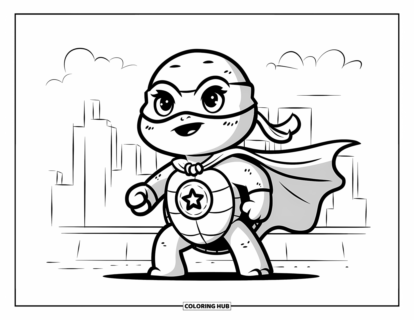 Turtle Coloring Page for Adults: A superhero turtle with a cape and mask stands on a rooftop, overlooking the city