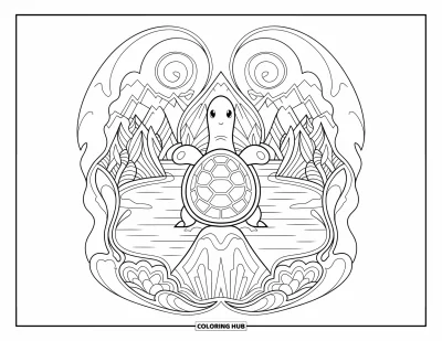 Desenho de tartarugas para colorir para adultos: Uma tartaruga simétrica com padrões espiralados está sentada em uma pedra em um lago sereno