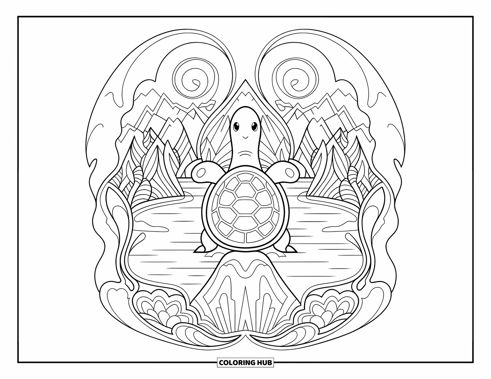 Turtle Coloring Page for Adults: A symmetrical turtle with swirling patterns sits on a rock in a serene lake