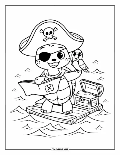 Desenho de tartarugas para colorir para adultos: Uma pequena tartaruga pirata está em uma jangada, segurando um mapa do tesouro com um papagaio por perto