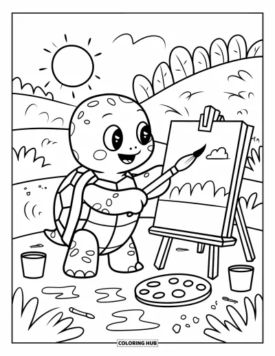 Desenho de tartarugas para colorir para adultos: Uma tartaruga artista cria uma cena colorida em frente a um pequeno cavalete