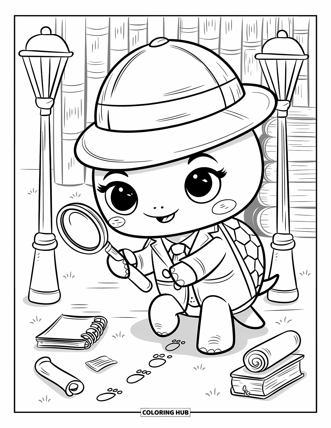 Turtle Coloring Page for Adults: A turtle detective follows footprints, searching for secrets under the glow of street lamps