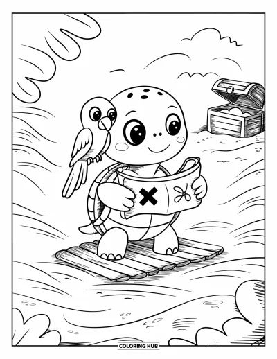 Desenho de tartarugas para colorir para adultos: Uma tartaruga vestida de pirata navega em uma jangada de madeira, procurando um tesouro escondido