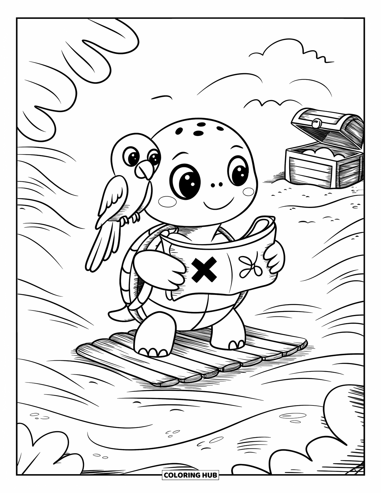 Turtle Coloring Page for Adults: A turtle dressed as a pirate sails on a wooden raft, searching for hidden treasure