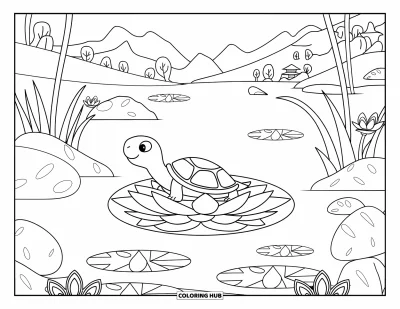 Desenho de tartarugas para colorir para adultos: Uma tartaruga flutua sobre uma flor de lótus em um lago tranquilo com um pagode ao longe