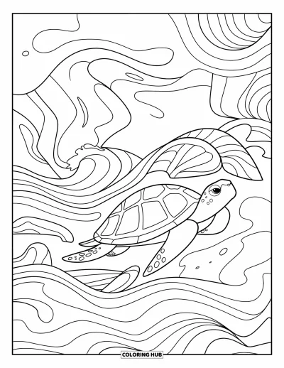 Desenho de tartarugas para colorir para adultos: Uma tartaruga flutua por um oceano abstrato de linhas curvas e desenhos circulares de ondas
