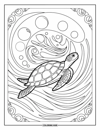 Desenho de tartarugas para colorir para adultos: Uma tartaruga desliza por um labirinto artístico de ondas, cercada por padrões circulares detalhados