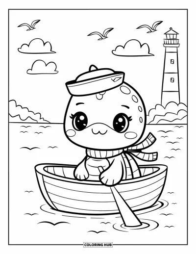 Desenho de tartarugas para colorir para adultos: Uma tartaruga com chapéu de marinheiro está sentada em um barquinho a remo, flutuando em paz na água