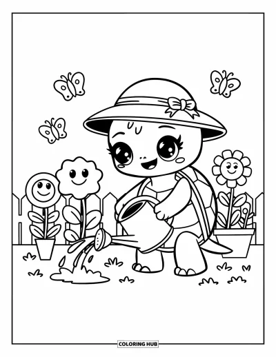 Desenho de tartarugas para colorir para adultos: Uma tartaruga com chapéu de sol rega flores delicadamente enquanto borboletas voam por perto