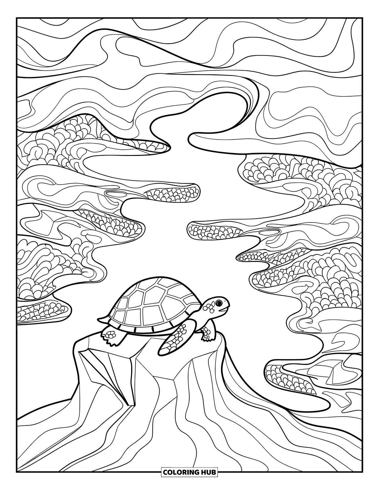 Turtle Coloring Page for Adults: A turtle is surrounded by intricate wave patterns in a beautifully detailed underwater scene