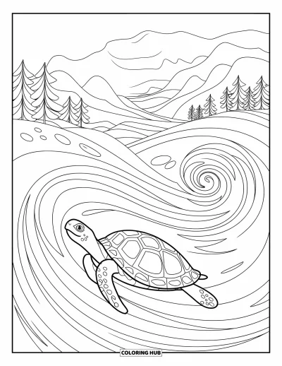 Desenho de tartarugas para colorir para adultos: Uma tartaruga se move por correntes de água espiraladas com montanhas e árvores ao fundo