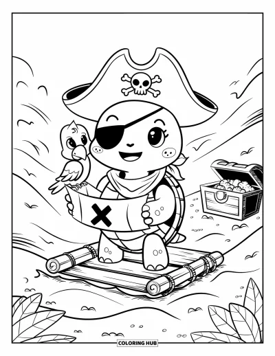 Desenho de tartarugas para colorir para adultos: Uma tartaruga pirata de chapéu grande estuda um pequeno mapa enquanto navega em ondas suaves