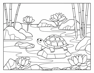 Desenho de tartarugas para colorir para adultos: Uma tartaruga descansa em uma pedra em um lago Zen, com flores de lótus e bambu por perto