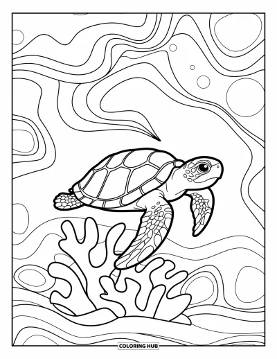 Desenho de tartarugas para colorir para adultos: Uma tartaruga descansa sobre corais em um mundo subaquático abstrato cheio de padrões de ondas em espiral