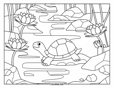 Desenho de tartarugas para colorir para adultos: Uma tartaruga está sentada entre flores de lótus em um lago calmo com filetes de água corrente