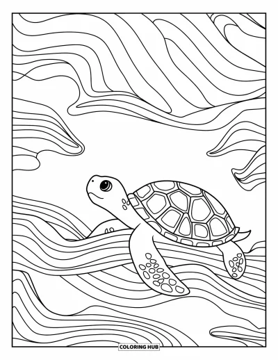 Desenho de tartarugas para colorir para adultos: Uma tartaruga está sentada em uma pedra, cercada por uma composição artística de ondas fluidas