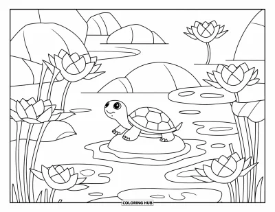 Desenho de tartarugas para colorir para adultos: Uma tartaruga está sentada tranquilamente em uma pedra, cercada por flores de lótus e água corrente